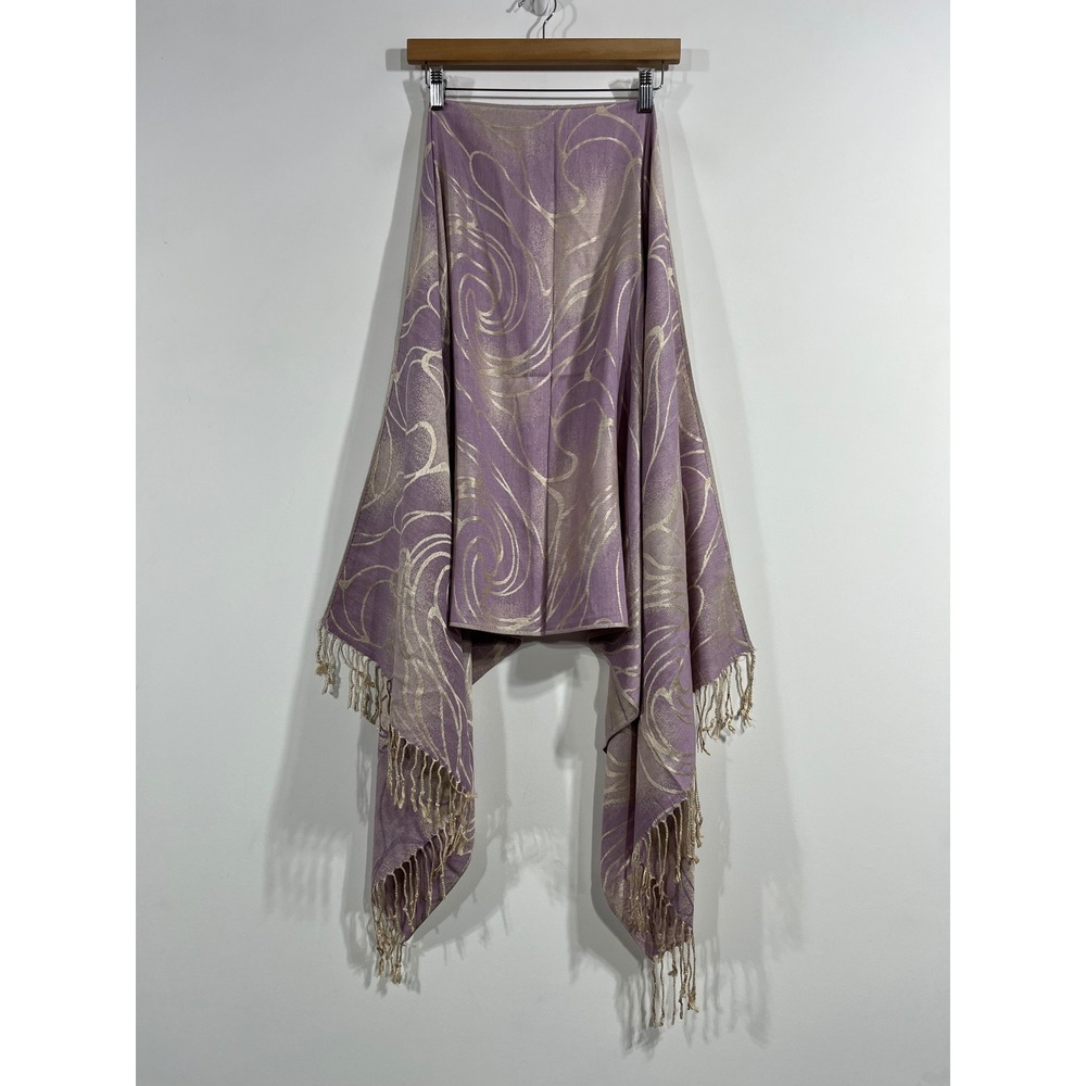 Womens Y2K 100% Cashmere Shawl Lavender Fairy Grunge Gold Jacquard Fringe Scarf